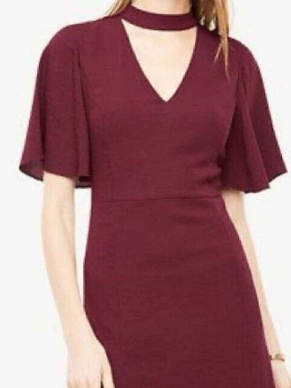 Ann Taylor Burgundy Choker Neck Flutter Sleeve Midi Dress SZ 8 - Picture 4 of 10